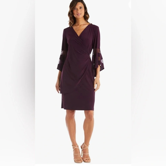 R&M Richards Plum Jewel Gathered Surplice Wrap Dress Size 8P - Picture 2 of 11